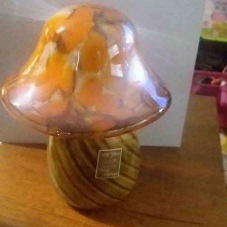 Vintage Art Glass Mushroom Figurine, Hand-blown Orange Swirl Glass Decor