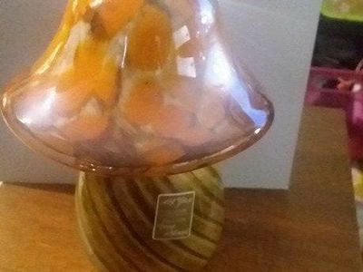 Vintage Art Glass Mushroom Figurine, Hand-blown Orange Swirl Glass Decor