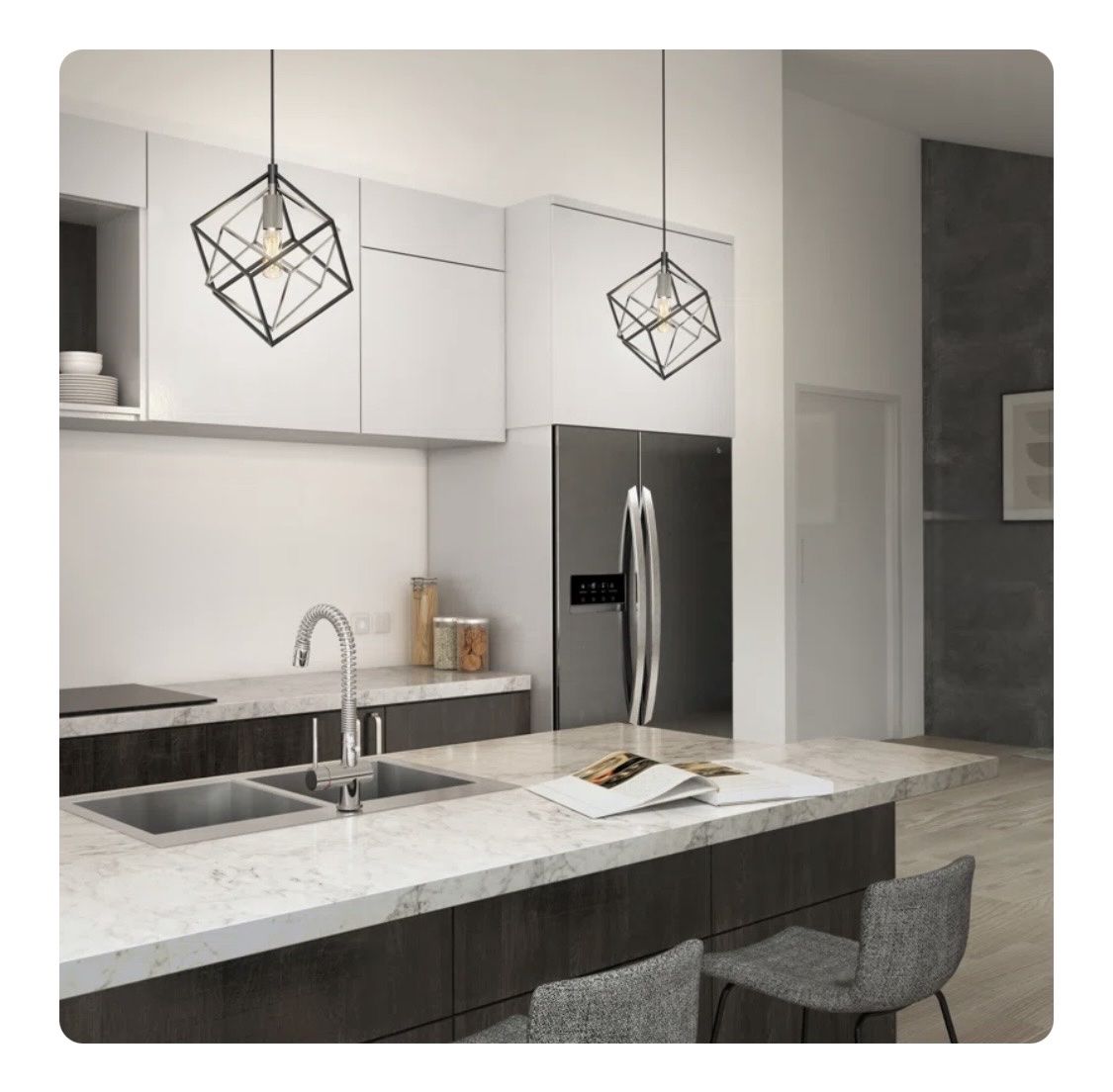 New PAIR of Modern Geometric Metal Cage Pendant Light Fixtures Black