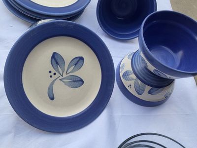 Blue and White Hand-Painted Leaf Pottery Dish Set with Bowls and Plates
