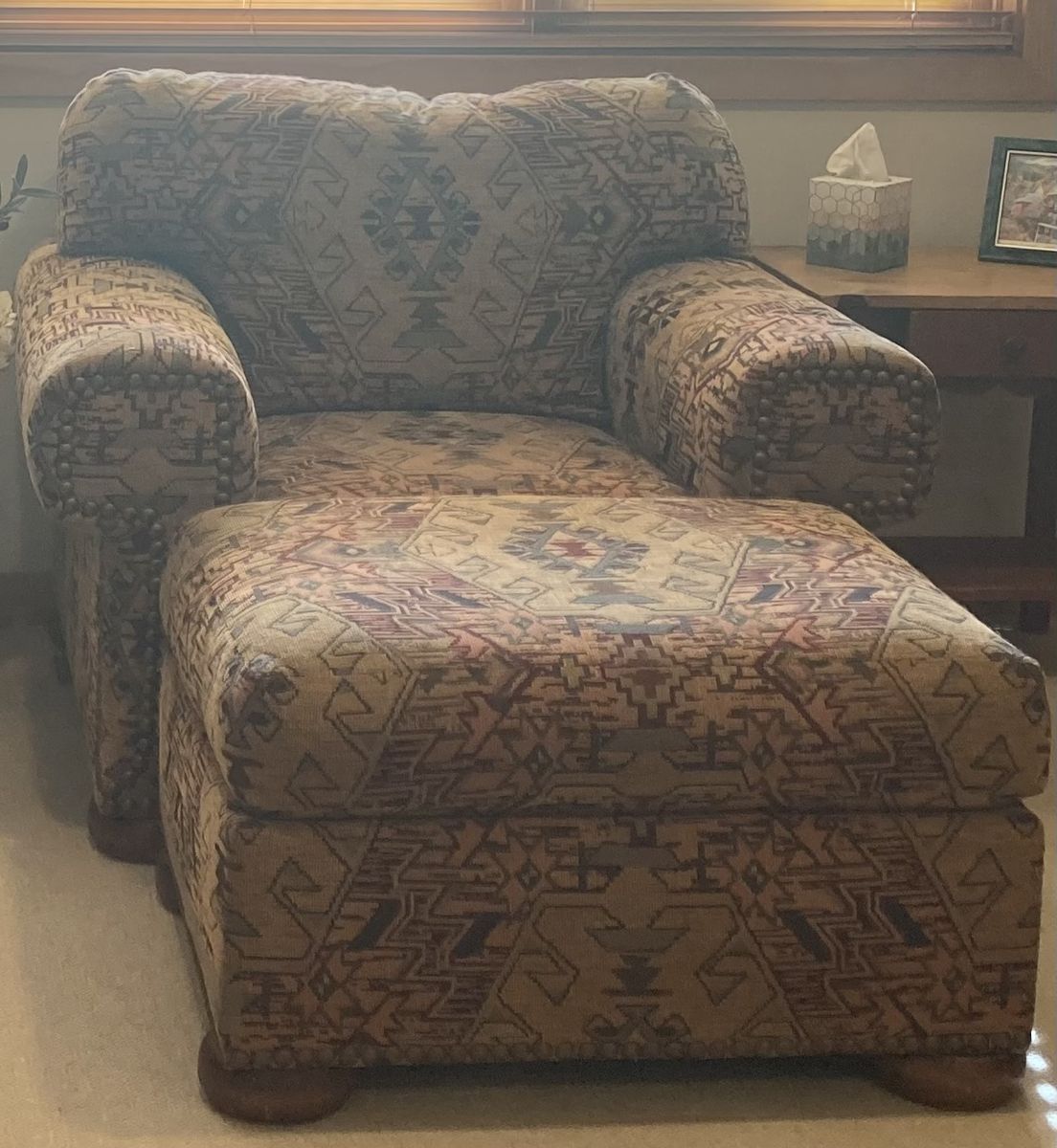 Queen sofa bed with matching upholstered chair and ottoman