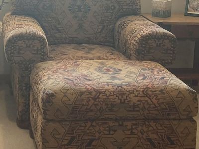 Queen sofa bed with matching upholstered chair and ottoman