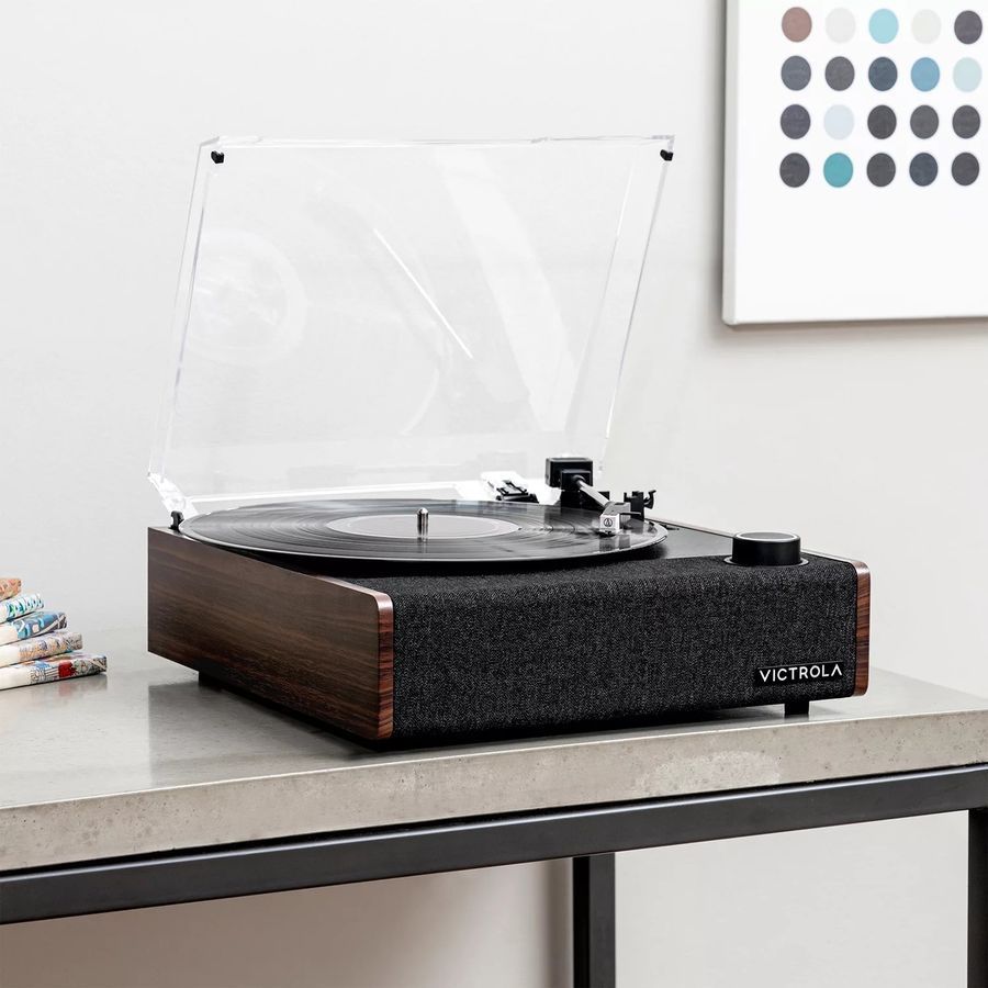 Victrola Vintage 3-Speed Bluetooth Suitcase Turntable Record Player, Wood Finish