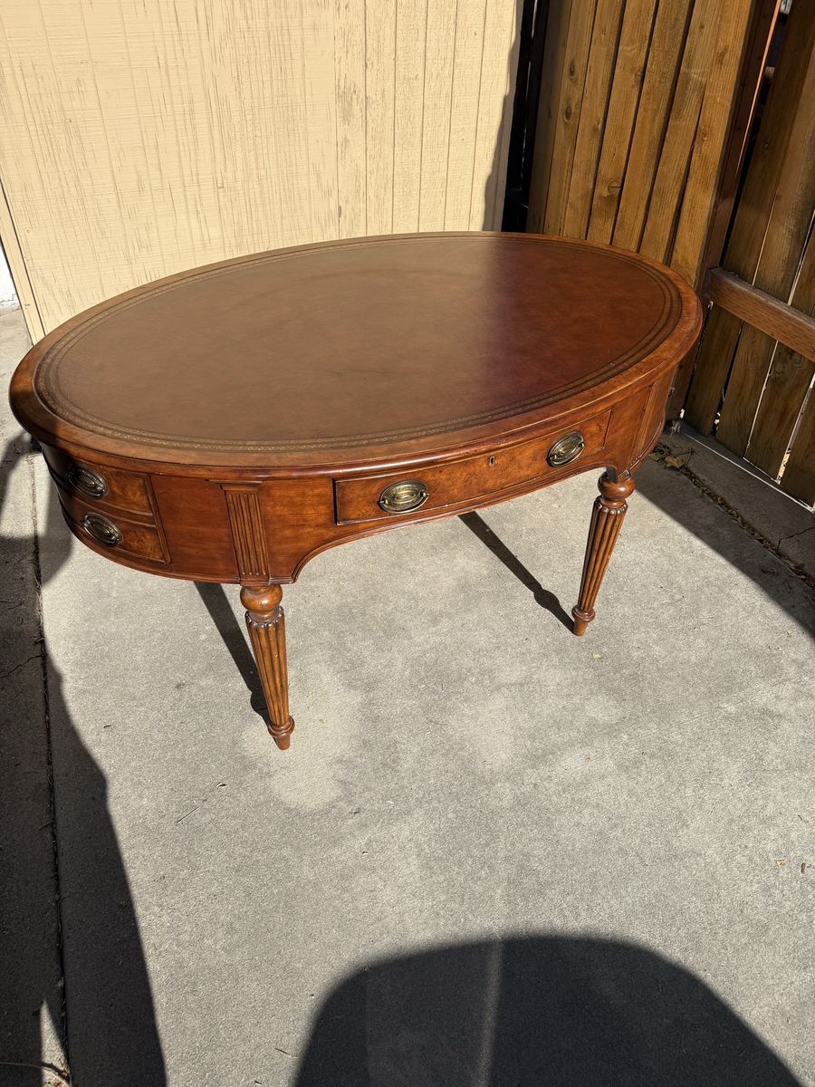 Thomasville mahogany + leather kidney bean shaped writing desk