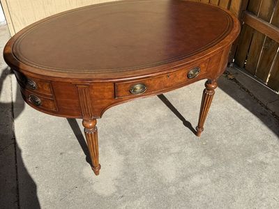 Thomasville mahogany + leather kidney bean shaped writing desk