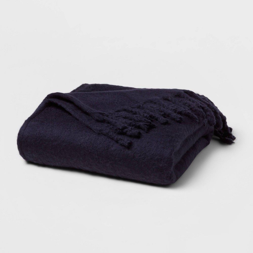 Faux Mohair Bed Throw Navy - Threshold™: Acrylic Knitted, Fringe Detail, OEKO-TEX Certified, 60x80