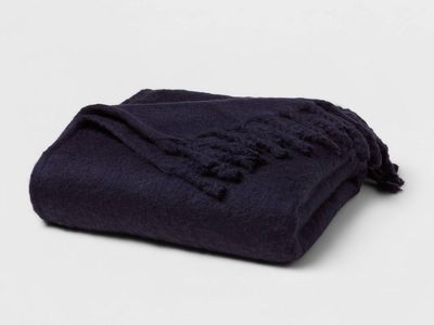 Faux Mohair Bed Throw Navy - Threshold™: Acrylic Knitted, Fringe Detail, OEKO-TEX Certified, 60x80