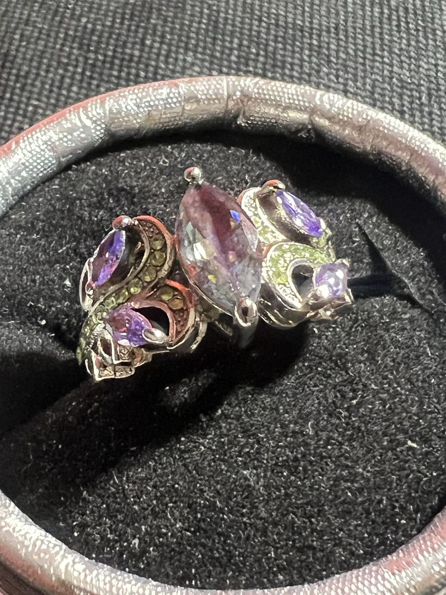 Stainless steel Mystic Topaz & Amethyst/Peridot Accent Ring Size-10