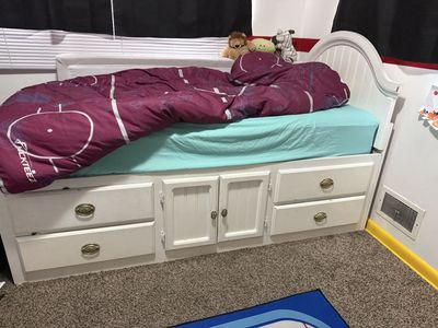 White Wooden Captain's Storage Bed Frame with Headboard, Drawers, and Cabinet