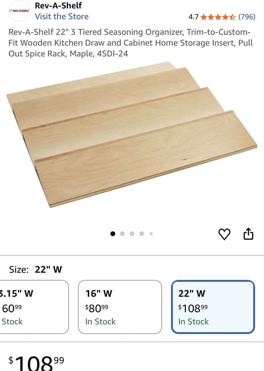 New. Rev-A-Shelf 22" 3-Tiered Trim-to-Custom Fit Wooden Drawer Spice Rack Organizer 4SDI-24