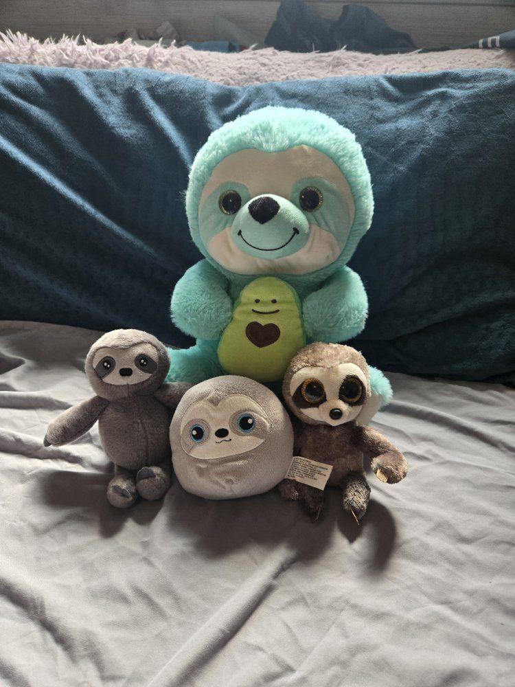 Lot of 4 Assorted Sloth Plush Toys - Stuffed Animals, Teal, Gray, & Brown.