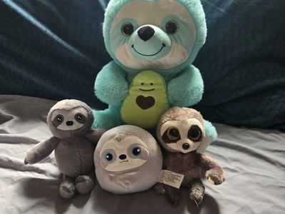 Lot of 4 Assorted Sloth Plush Toys - Stuffed Animals, Teal, Gray, & Brown.