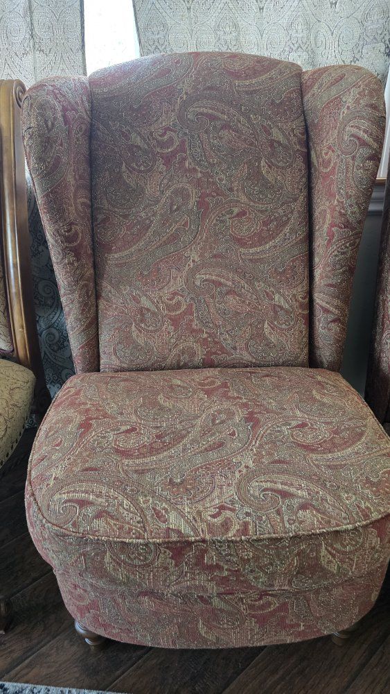 Vintage Red and Gold Paisley Wingback Accent Chair