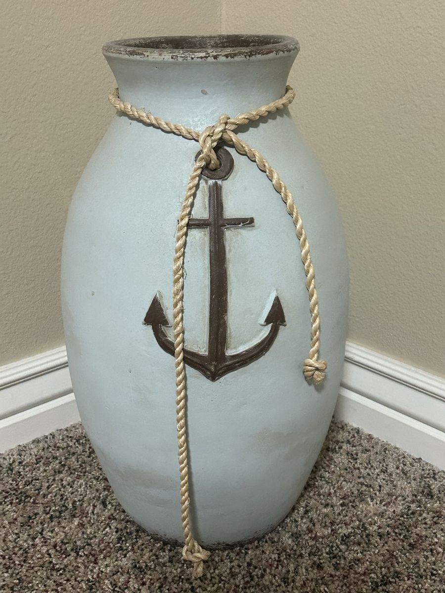 Nautical Anchor Rope Vase, Large Light Blue Distressed Home Decor