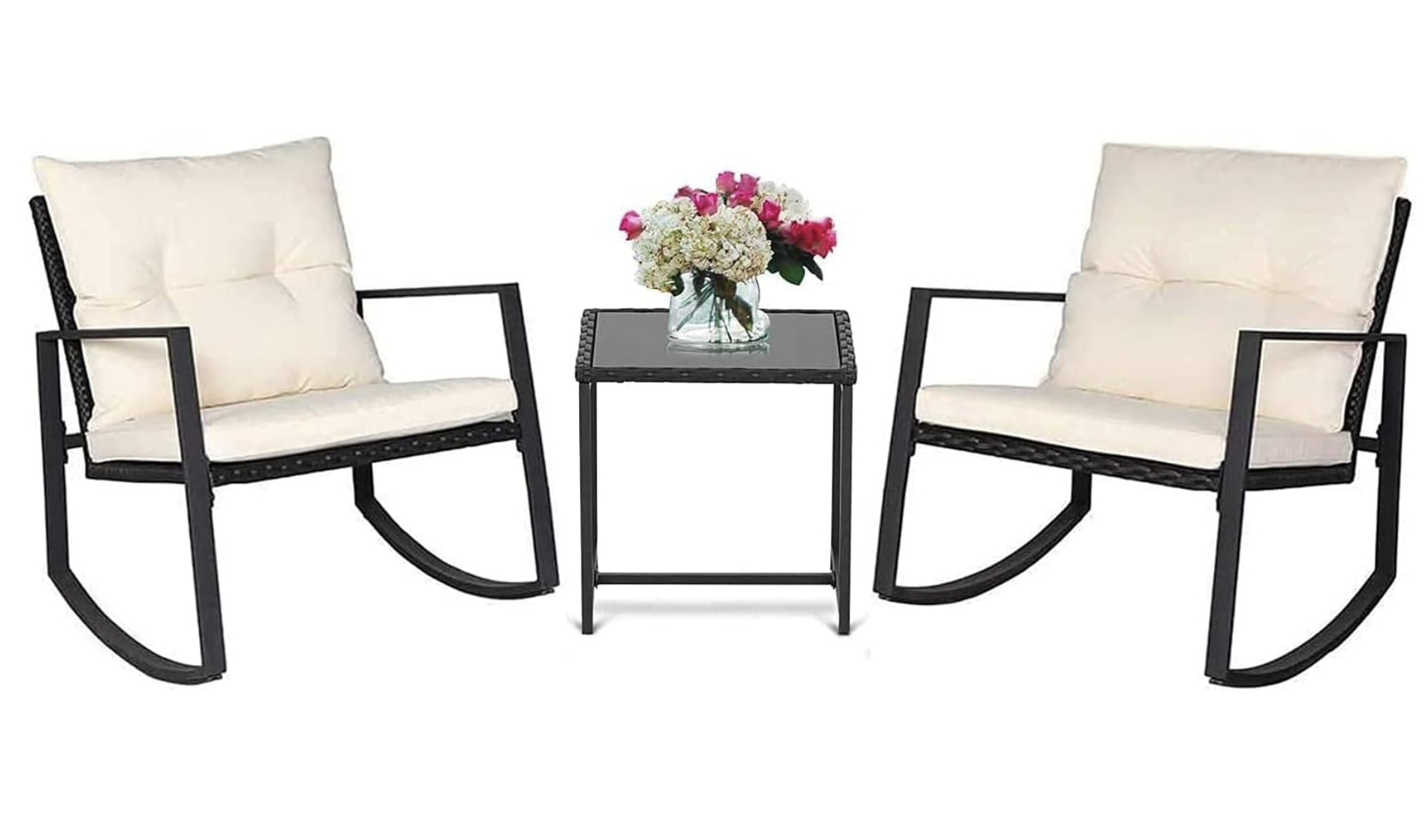 NEW Beige SUNCROWN 3 Pieces Outdoor Rocking Chair Set Patio Wicker Rattan Bistro Set