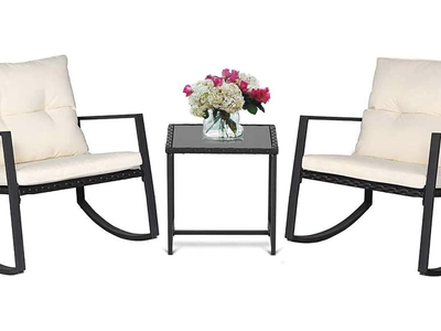 NEW Beige SUNCROWN 3 Pieces Outdoor Rocking Chair Set Patio Wicker Rattan Bistro Set