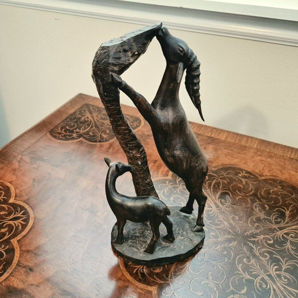 Hand-Carved Wooden Gazelle Figurine Dark Wood Art