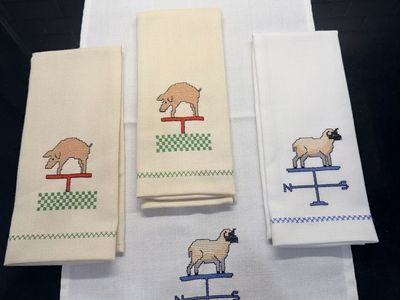 Handmade Cross Stitch Farm Animal Dish Towels - Set of 4, Pig & Sheep Weather Vane Design