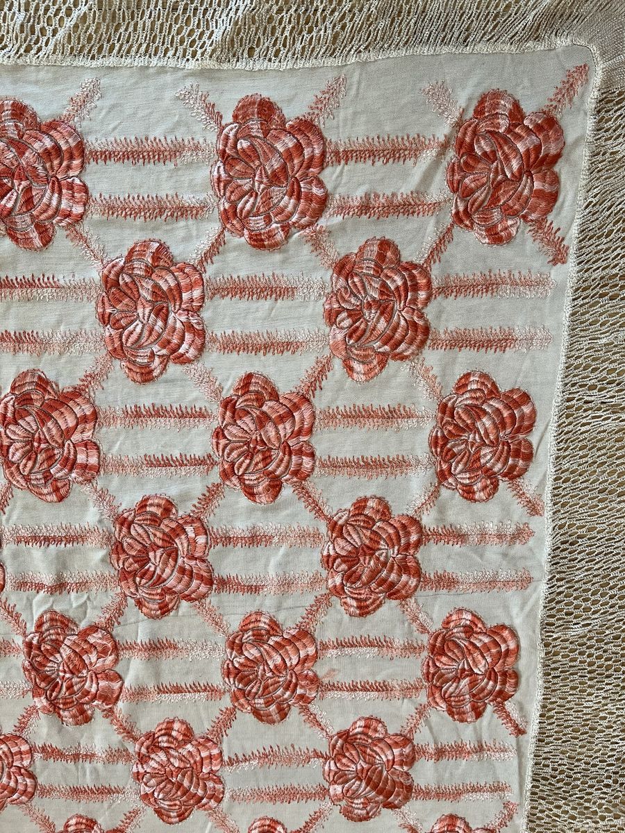 Antique Pale Pink Silk Floral Embroidered Piano Shall - 1920's
