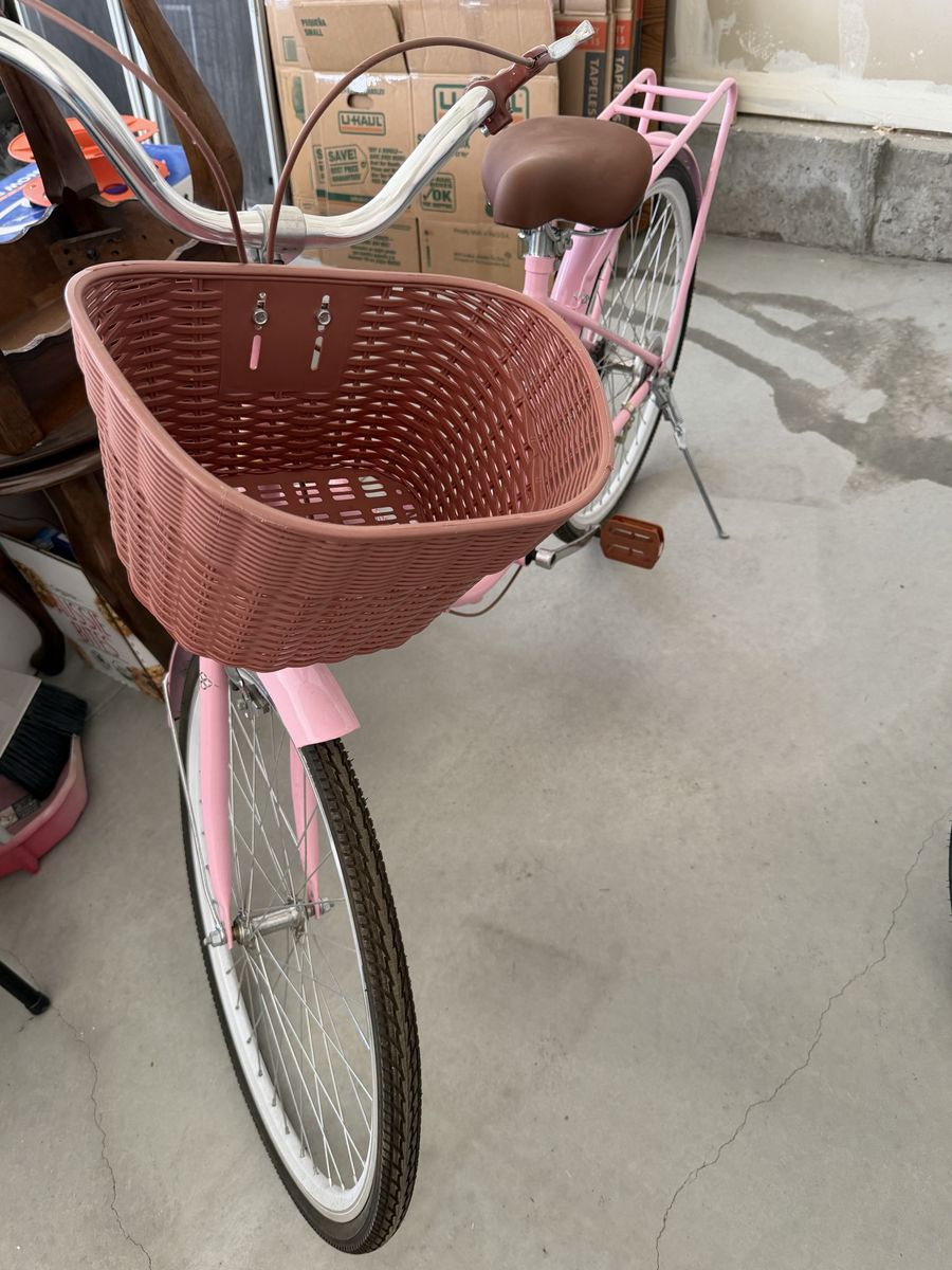 Girl Pink Cruiser Bicycle with Front Basket and Rear Rack