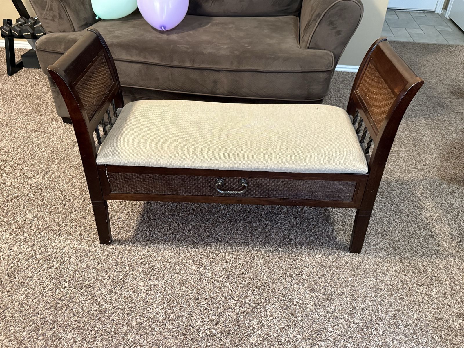 Wooden Entryway Bench with Cane Back, Upholstered Seat, and Storage