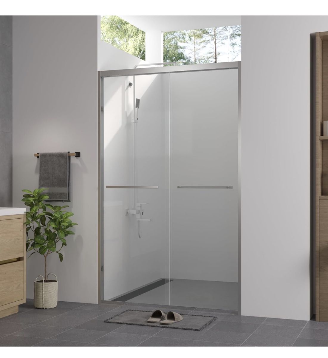 44-48" X 76" Aluminum Frame Double Sliding Shower Door with 1/4" (6mm) Clear Tempered Glass