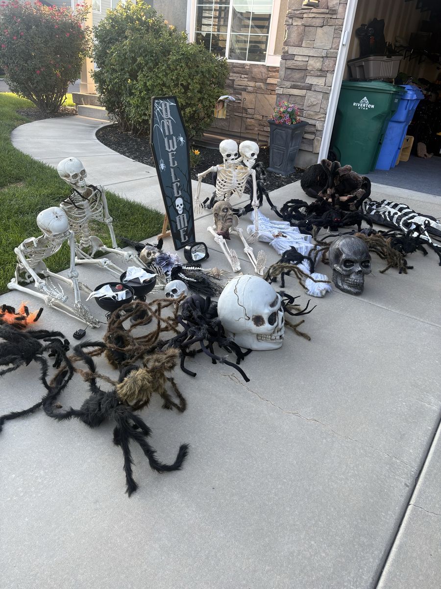 Large Halloween Yard Decoration Lot Skeletons Spiders Skulls Coffin