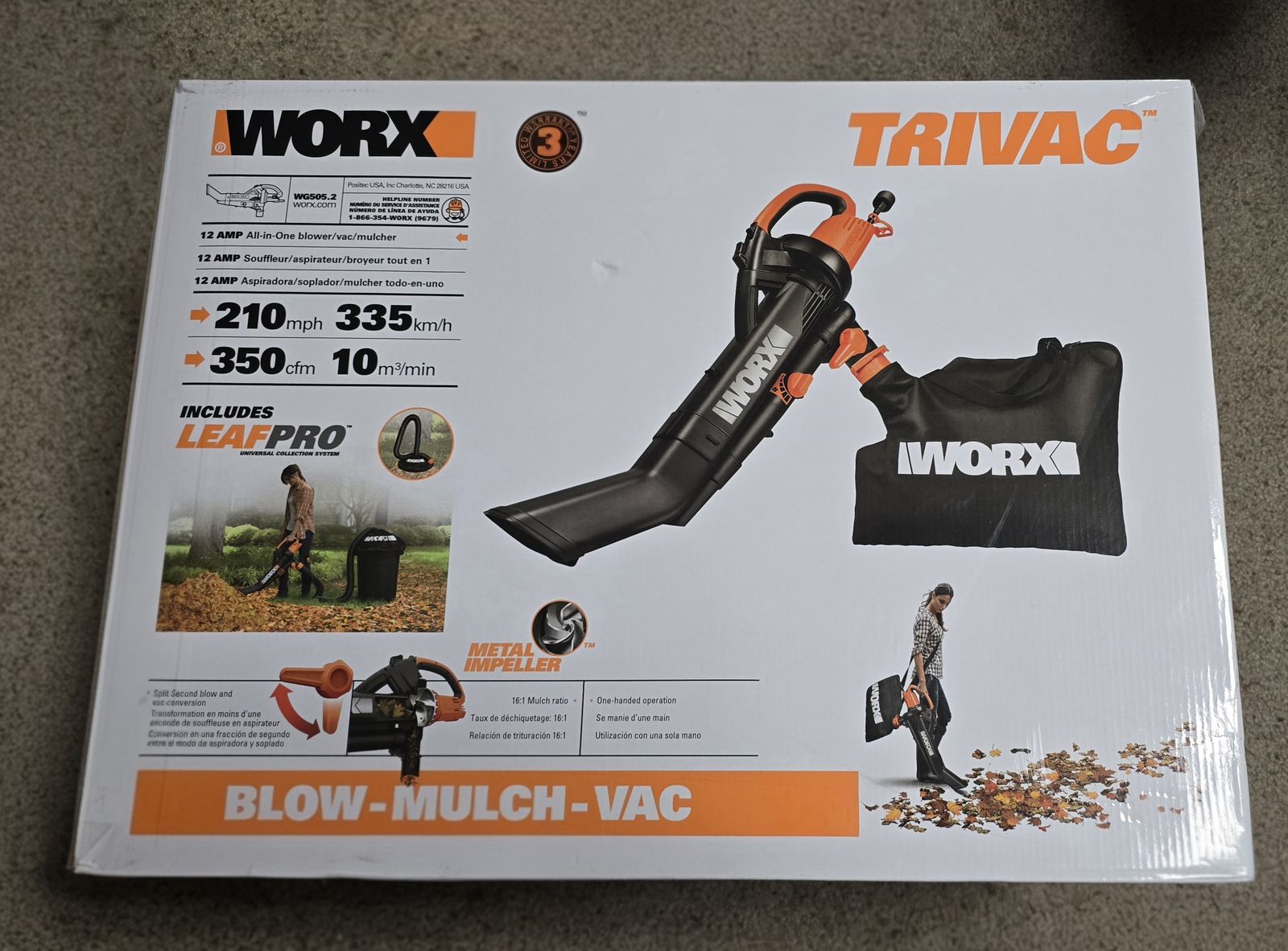 WORX TRIVAC WG502 12A 3-in-1 Electric Blower/Mulcher/Vacuum with Metal Impeller & LEAFPRO