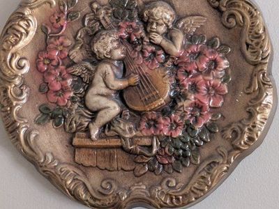 Vintage Cherub Wall Decor Ornate Gold Frame Round Floral Pair