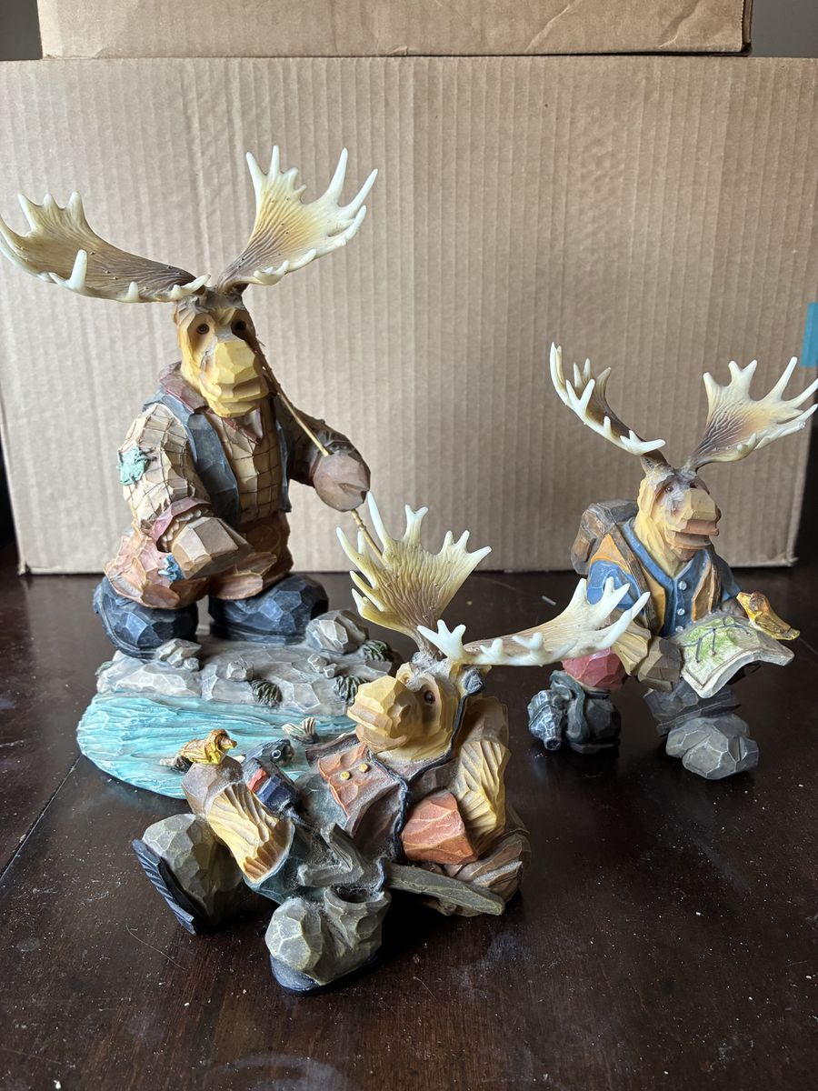 Set of 3, Rustic Hand-Carved Moose Figurines Set - Unique Lodge Decor Wildlife Collection