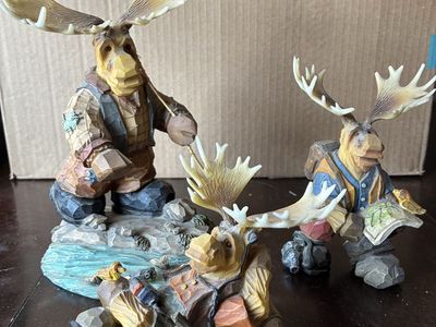 Set of 3, Rustic Hand-Carved Moose Figurines Set - Unique Lodge Decor Wildlife Collection