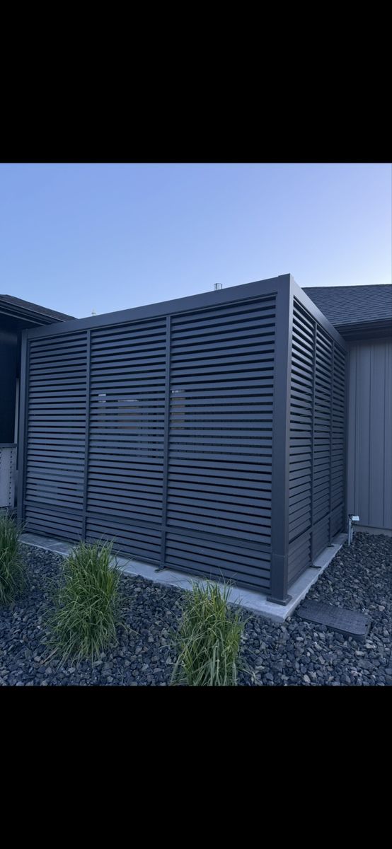 NEW MIRADOR ALUMINUM 10’X13’ CHARCOAL PERGOLA WITH TWO ALUMINUM PRIVACY WALLS.