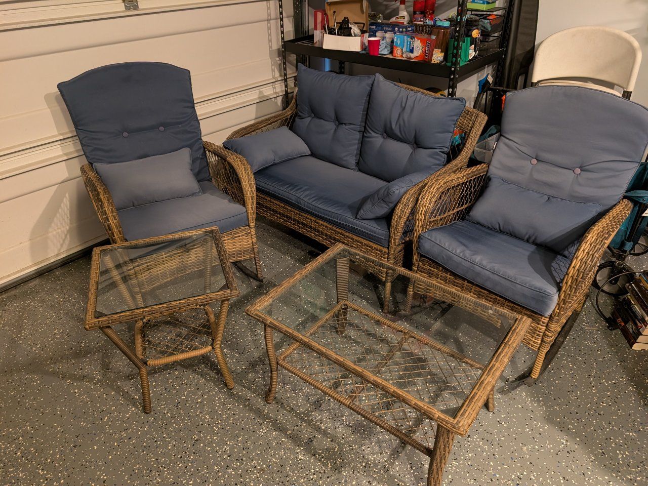 Wicker Patio Furniture Set - Sofa, 2 Chairs, 2 Glass-Top Tables with Blue Cushions