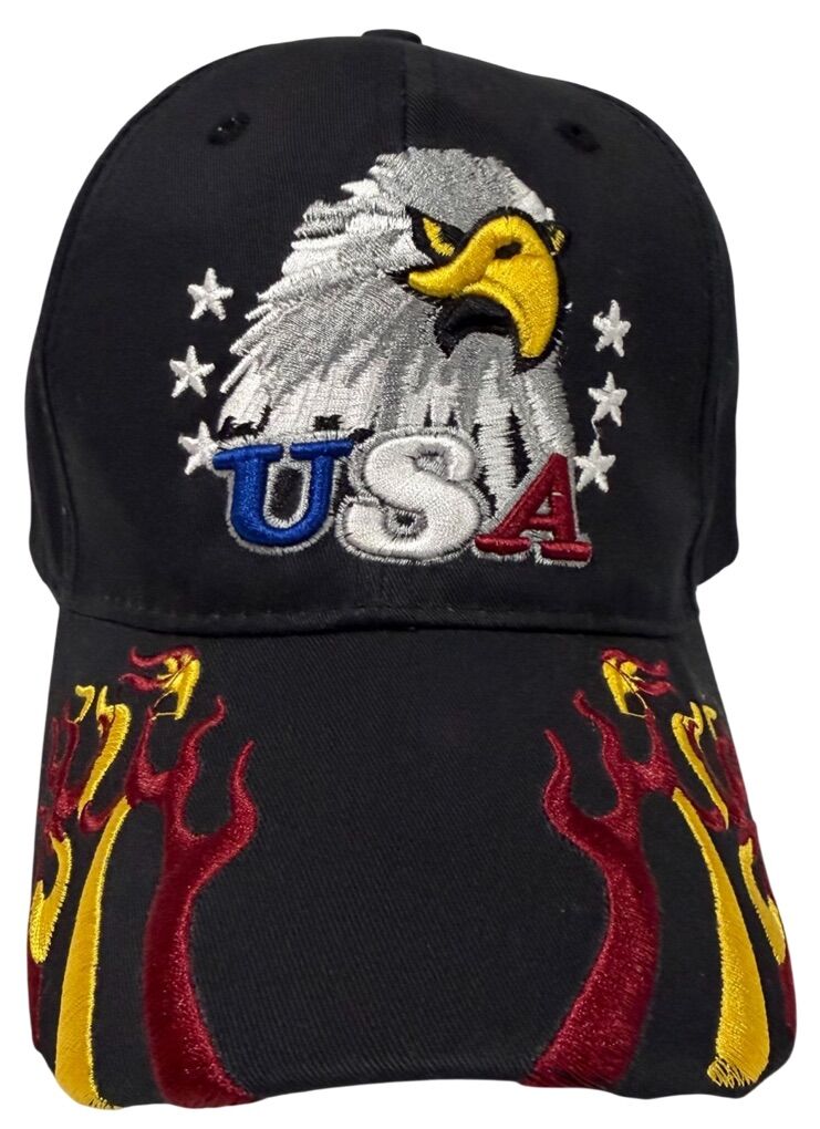 USA Eagle Proud to Be American Flames Black Hat