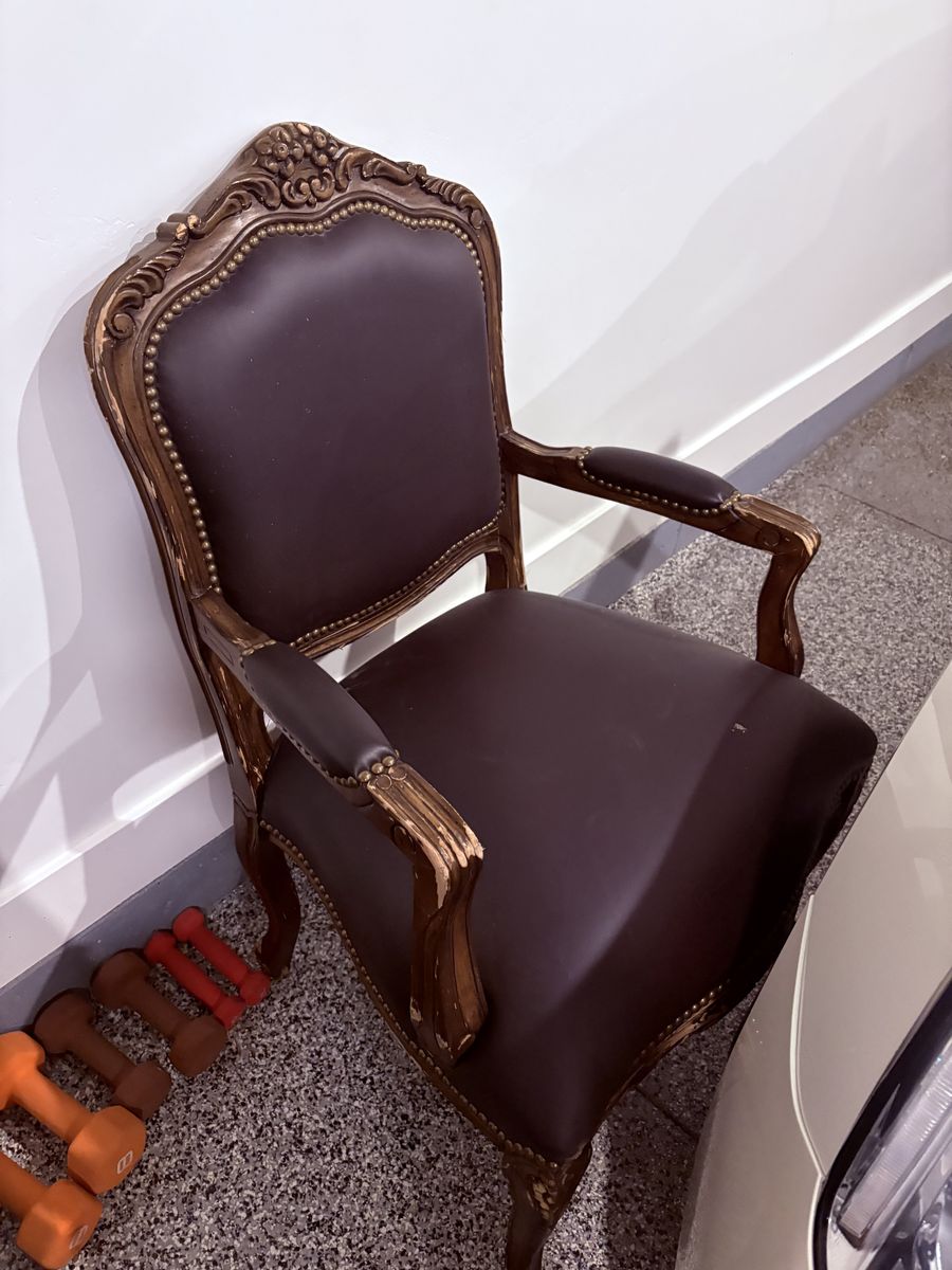 Leather Bound, Coffee Colored, Ornate Chair