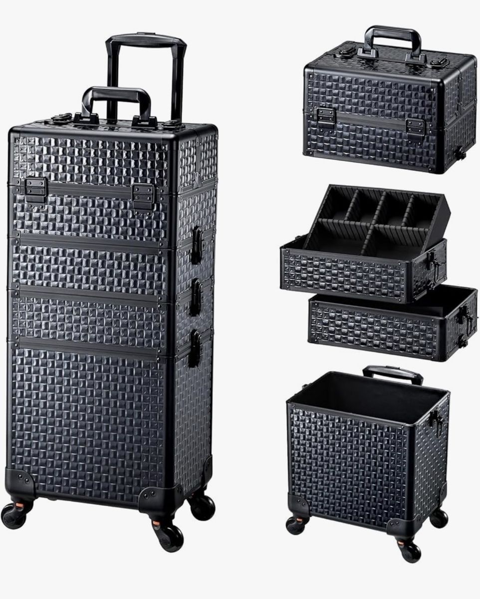 4in 1 Rolling Makeup Trolley Train Case Cosmetic Suitcase Nail Tech Box for Makeup Artist, Hairstylists, Nail Tech Case