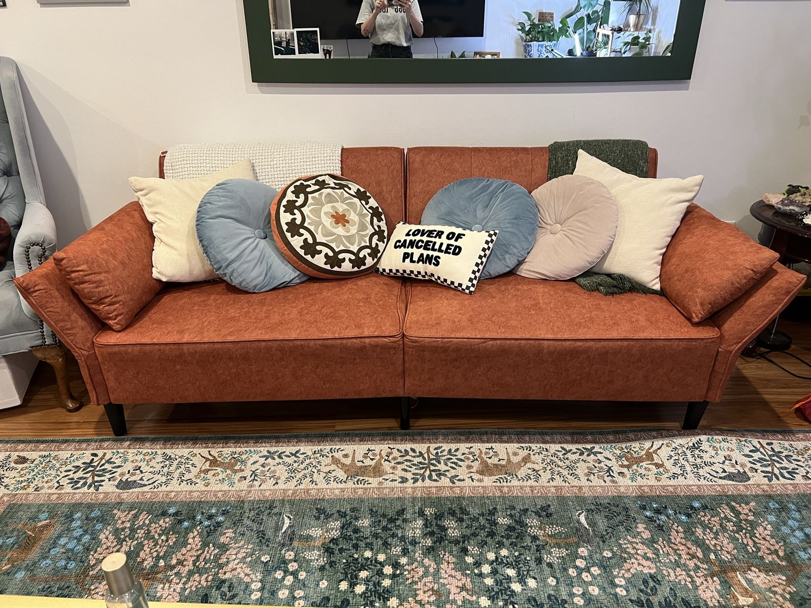 Burnt Orange Velvet Futon Sofa Bed, Convertible Sleeper with Adjustable Backrest 89”