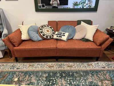 Burnt Orange Velvet Futon Sofa Bed, Convertible Sleeper with Adjustable Backrest 89”
