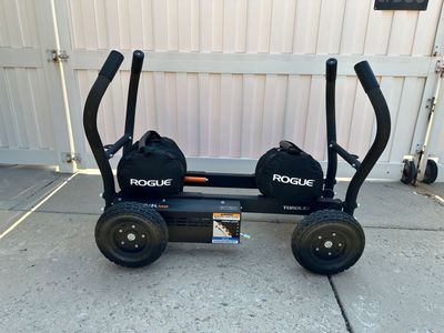 Fitness Sled. Torque TANK M2 Magnetic Resistance Push/Pull Wheeled Sled — Like New. + Rogue strongman bags & Tow rope