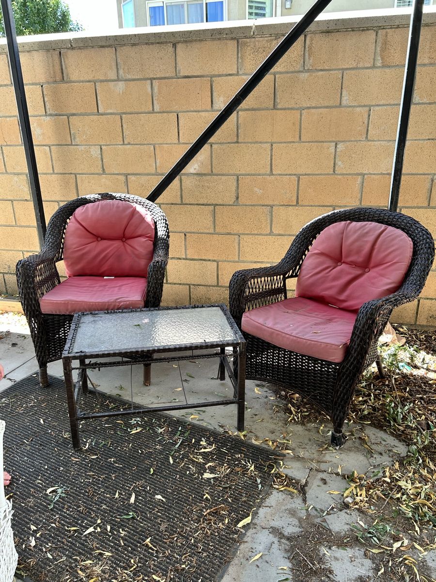 Wicker Patio Chairs & Glass Top Table Set - Brown Wicker, Pink Cushions - Used Outdoor Furniture