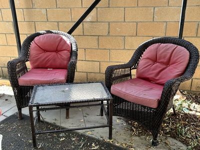 Wicker Patio Chairs & Glass Top Table Set - Brown Wicker, Pink Cushions - Used Outdoor Furniture