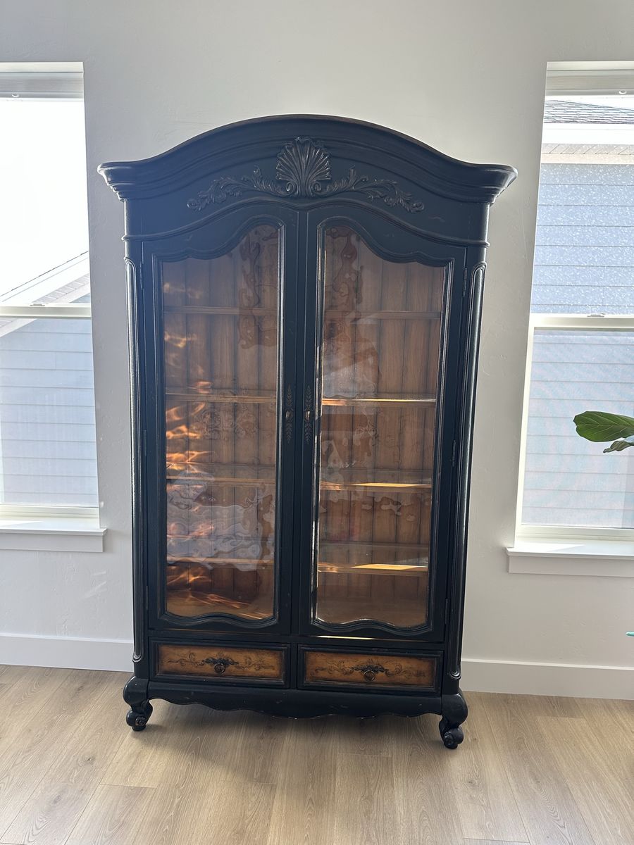 Hooker Furniture CARB P1 Display Cabinet - Black Carved Wood & Glass Curio with 2 Drawers