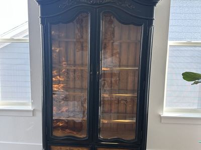 Hooker Furniture CARB P1 Display Cabinet - Black Carved Wood & Glass Curio with 2 Drawers