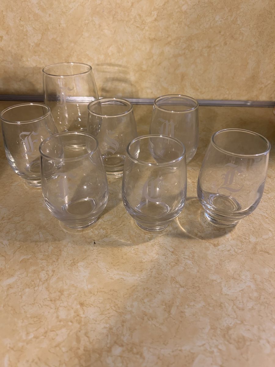 Set of 7 Stemless Wine Glasses - Clear Glass with Monogram Initials, 6-inch height
