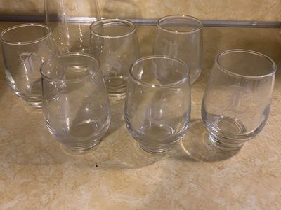 Set of 7 Stemless Wine Glasses - Clear Glass with Monogram Initials, 6-inch height