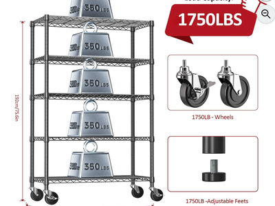 New in Box 5-Tier Adjustable Heavy Duty Steel Wire Shelving Unit with Wheels, Storage Rack Organizer
