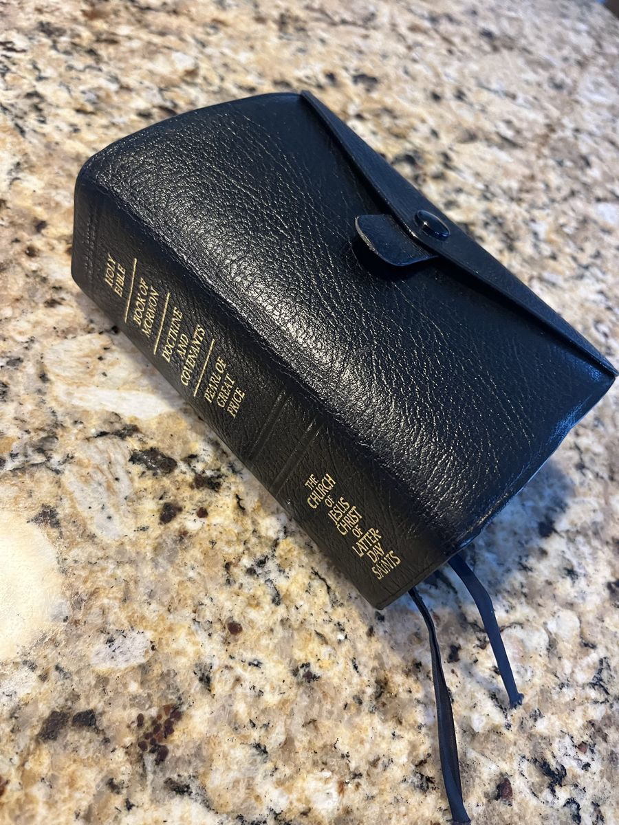Black leather, small LDS quad, check pictures for more details, published in 1989. Located in Saratoga Spgs.