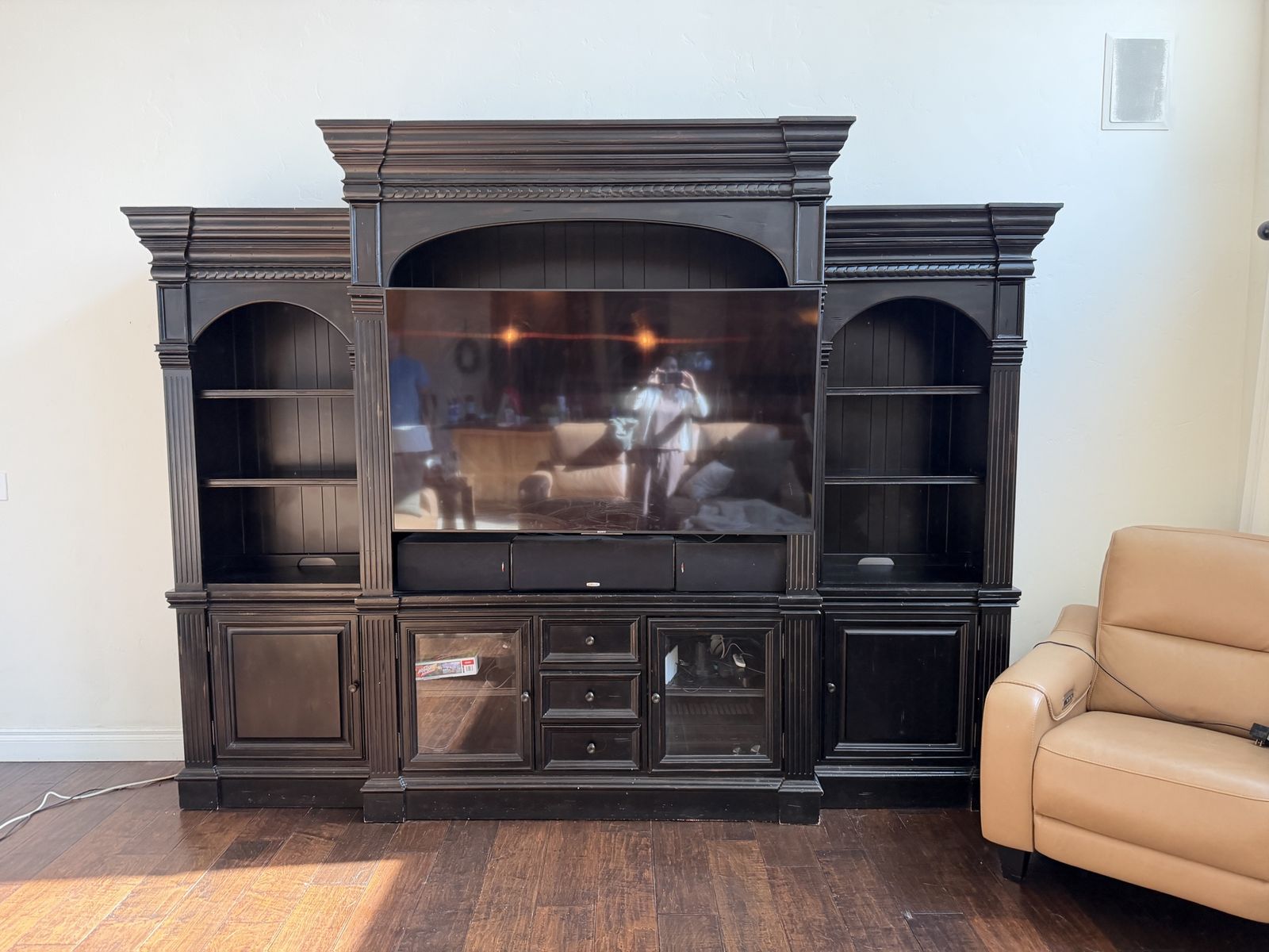 Large Black Wooden Entertainment Center Wall Unit with Shelves & Cabinets