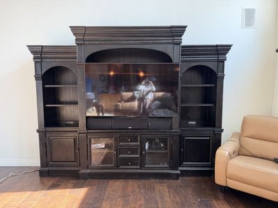 Large Black Wooden Entertainment Center Wall Unit with Shelves & Cabinets