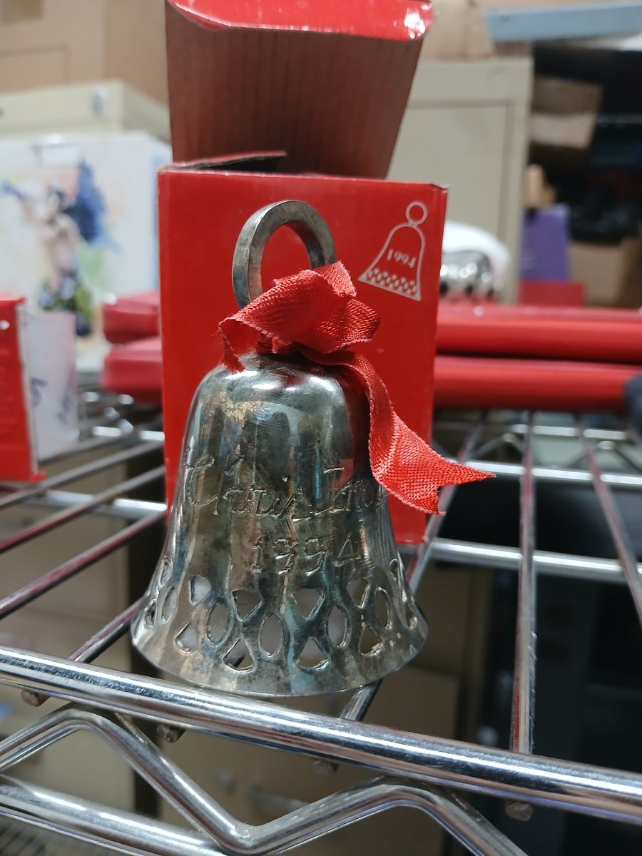 Christmas 1994 Silver Bell Ornament with Red Bow, Etched 'Christmas 1994'-Section Extras